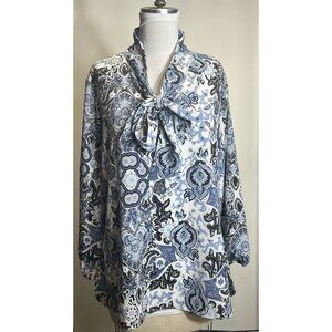 DG2 by Diane Gilman‎ long sleeve Blue paisley blouse Attached Scarf Women’s Sz M